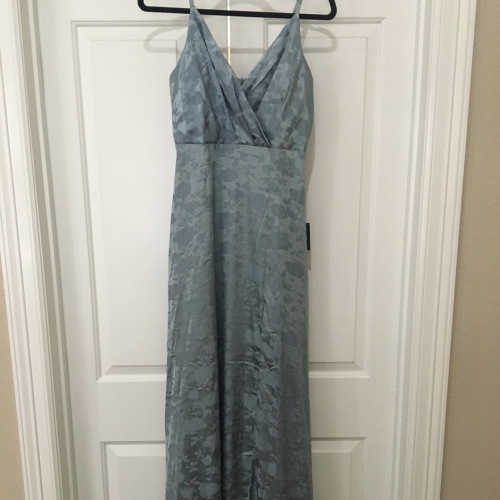 Lulu’s Slate Blue Satin Jacquard Maxi Dress